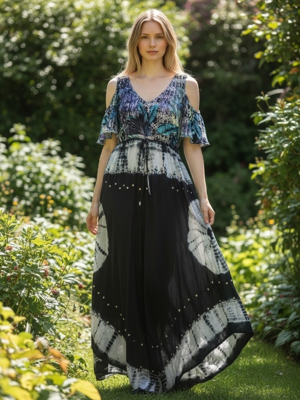 Cold-Shoulder Black Maxi Dress with Teal Patterned Bodice